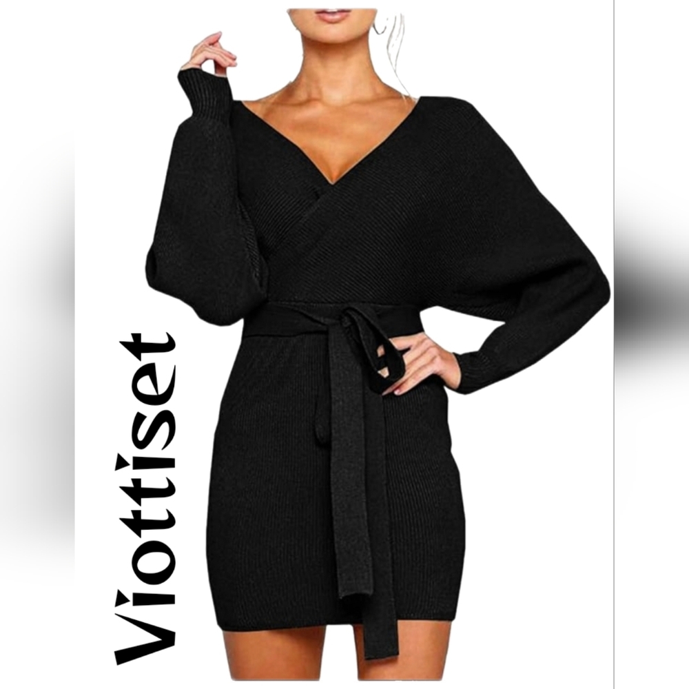 Viottiset Womens V-Neck Batwing Long Sleeve Bodycon Sweater Dress Sz XL Mini